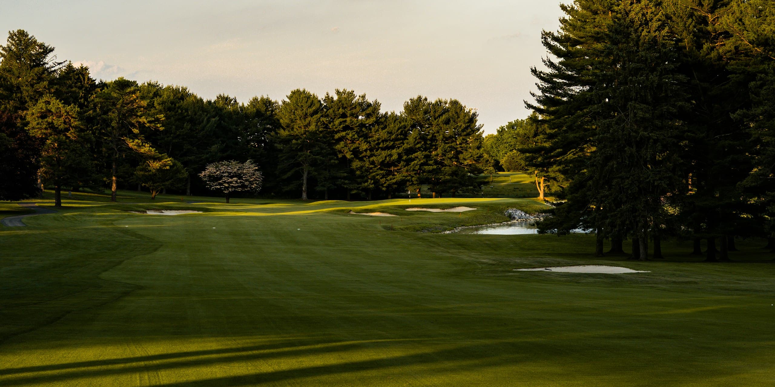 A mown fairway striped by the roller, lit low and gold in late afternoon